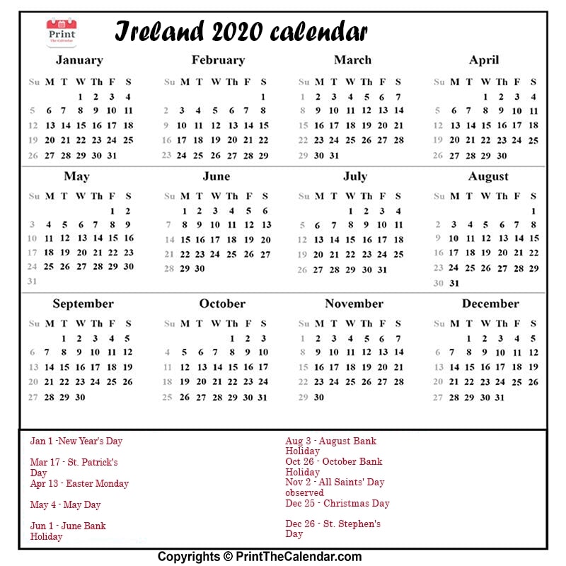Ireland Calendar 2020 with Ireland Public Holidays